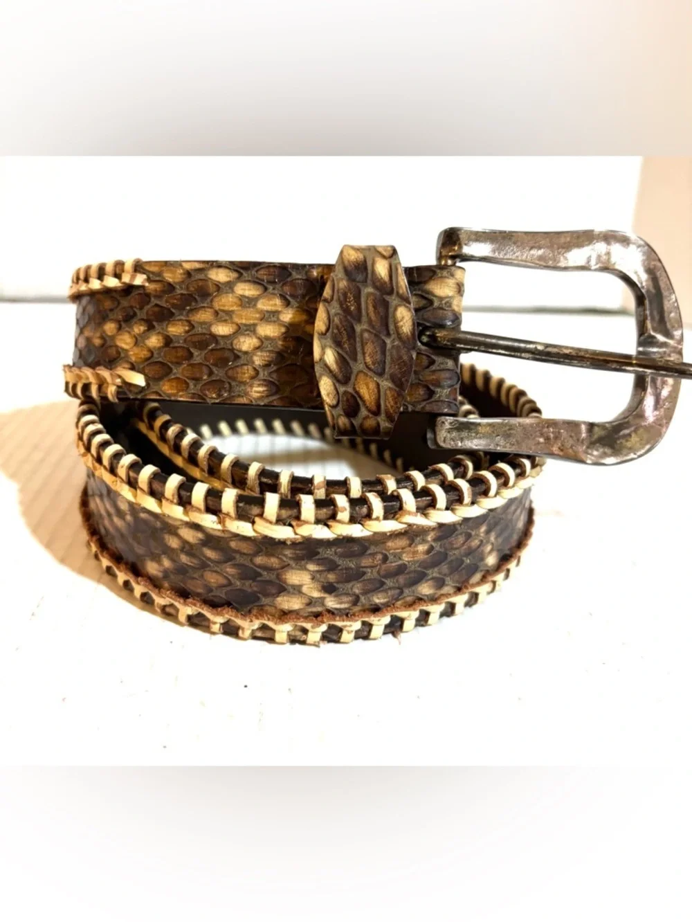 Men's unisex Brown snake skin leather Leather Belt with Contrast Stitching